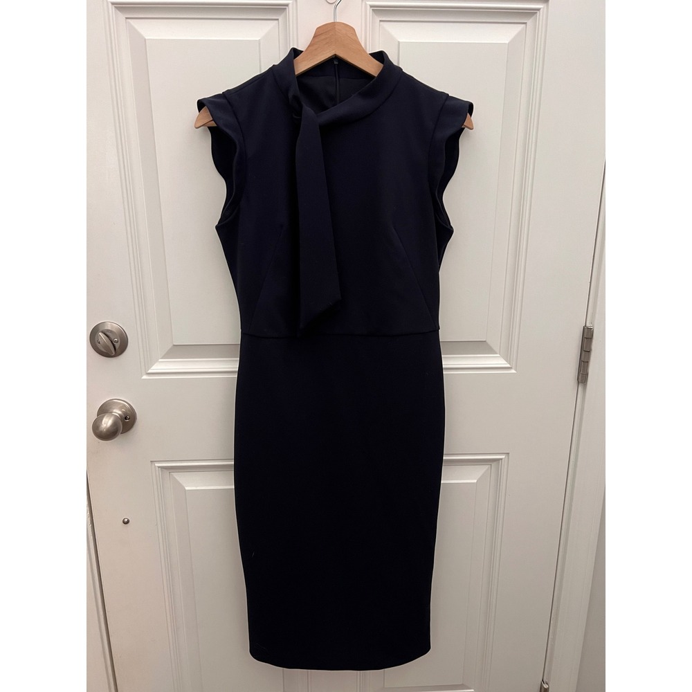 Maggy London Navy Blue‎ Tie Neck Ruffle Sleeve Sheath Midi Dress Womens Size 4